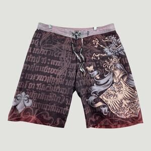 Affliction Board Shorts Mens Brown Graphic Cross Swim Trunks Surf Size 32